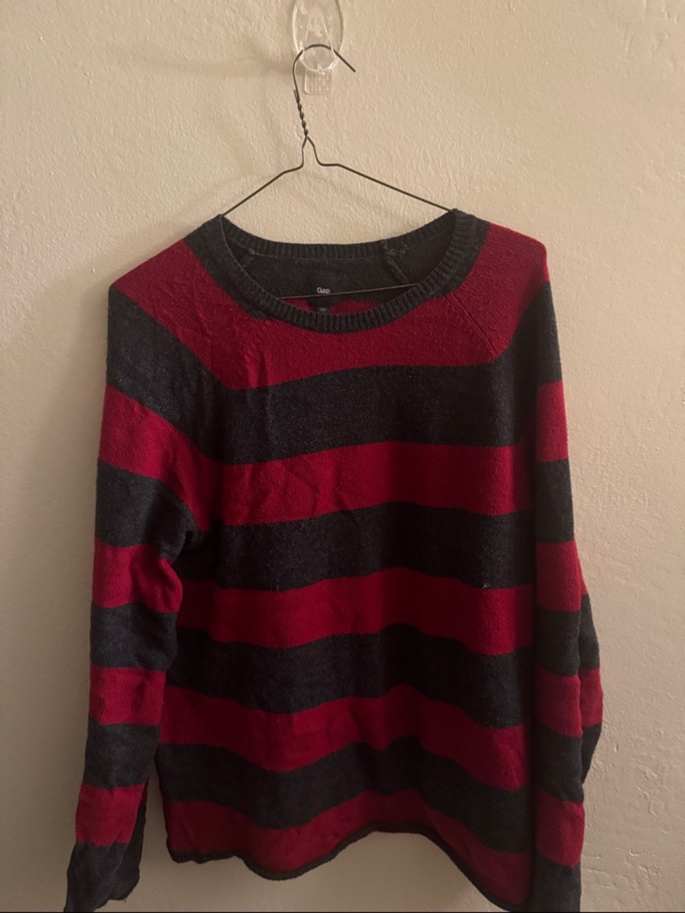 GAP Men’s Red and Charcoal Striped Crewneck Sweater